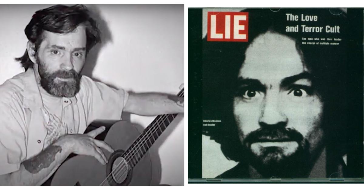 (L-R): Charles Manson with a guitar; Charles Manson's album