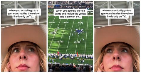A woman went to an NFL football game and quickly realized that the first-down yellow line is only on TV.