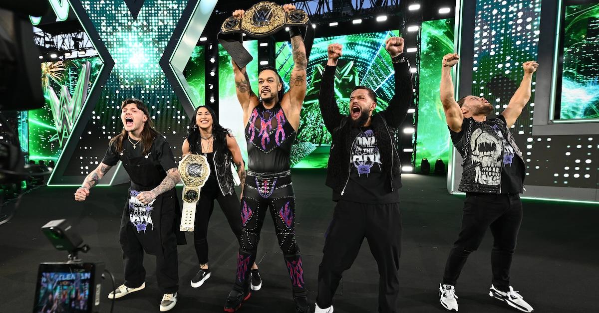 Damian Priest(M) celebrates his WWE World Championship win with Dominik Mysterio, Rhea Ripley, Finn Balor and JD McDonagh, the Judgment Day