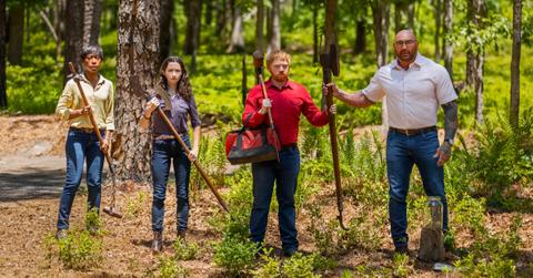 (L-R) Nikki Amuka-Bird, Abby Quinn, Rupert Grint, and Dave Bautista in 'Knock at the Cabin'