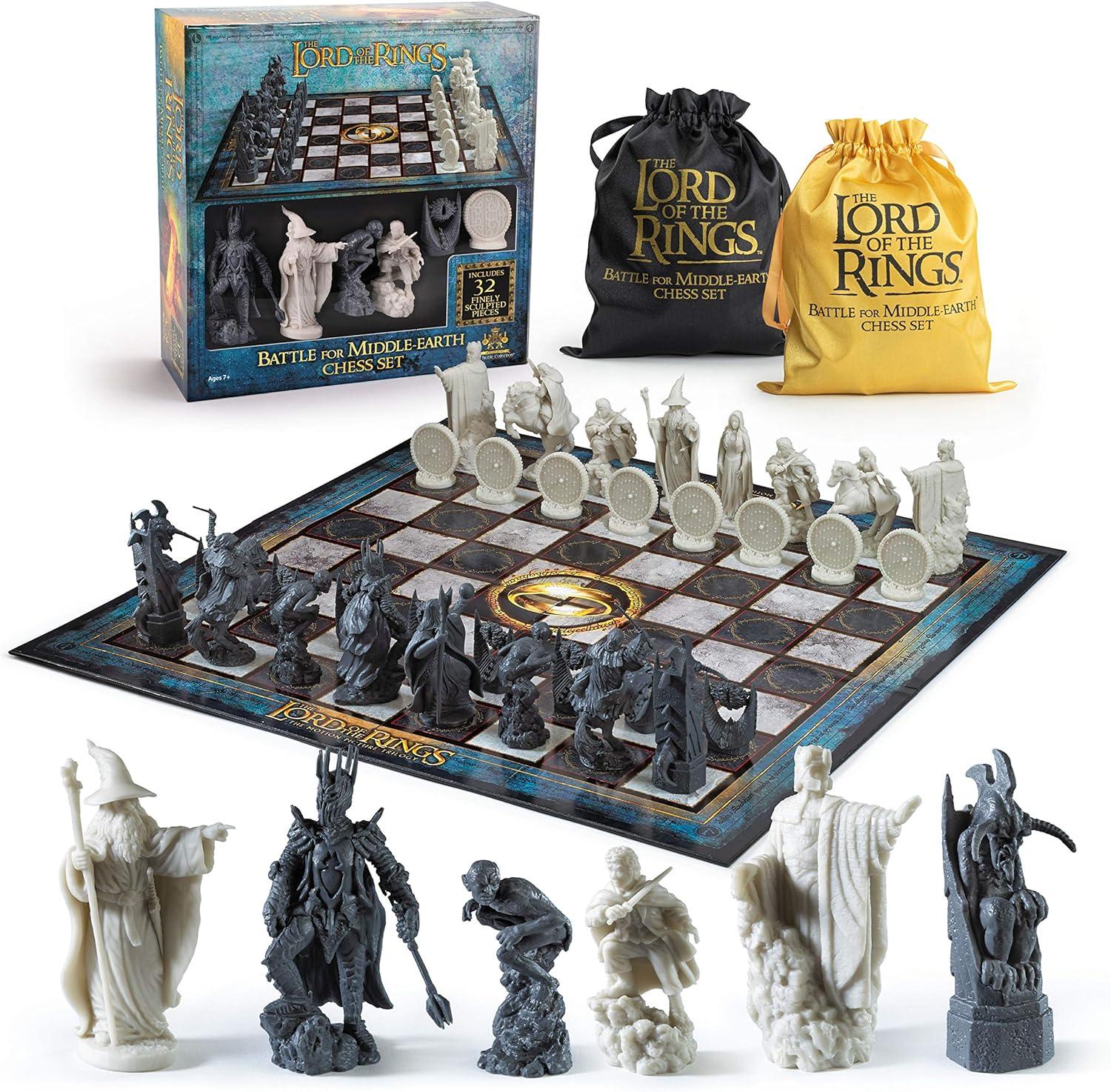 A chess set with pieces inspired by Lord of the Rings characters