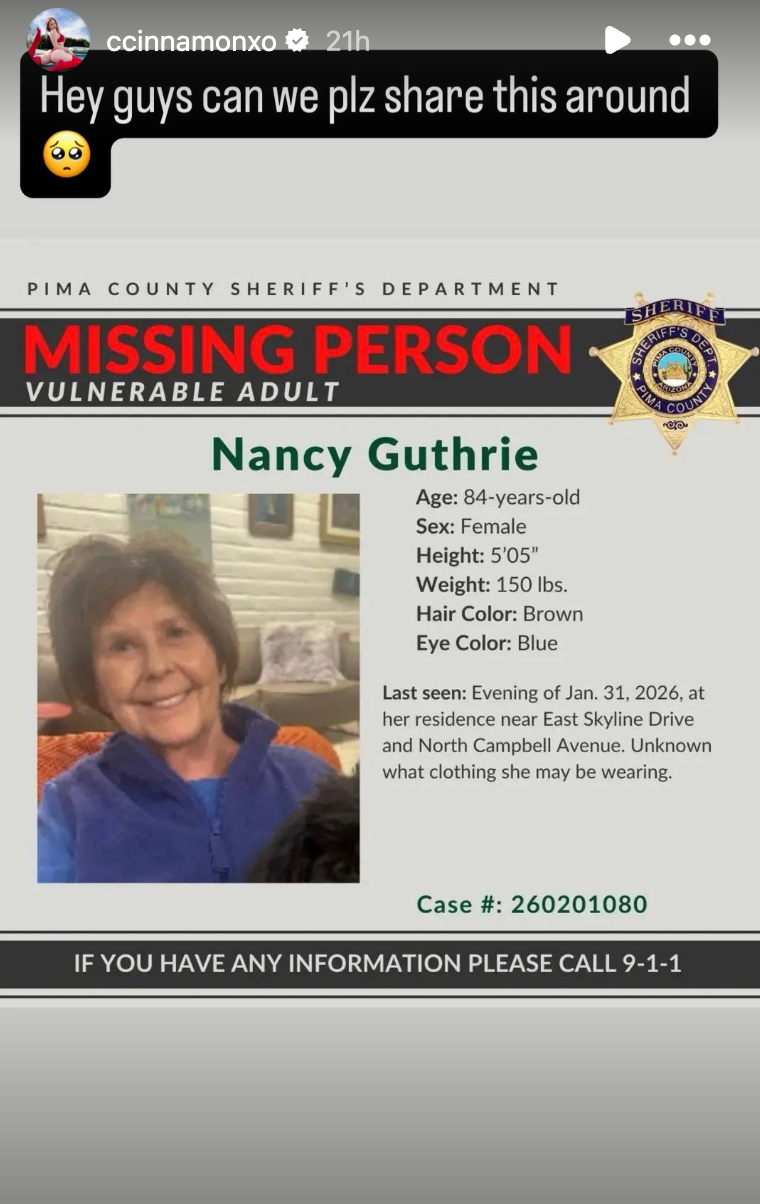 Ccinnamon's Instagram post about Nancy Guthrie