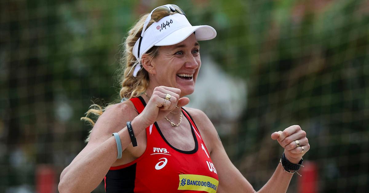 Kerri Walsh Jennings of the United States celebrates the victory after the match against Andrea Strbovaa and Natalia Dubovcova of Slovakia during the FIVB World Tour 2019 on May 17, 2019 in Itapema, Brazil