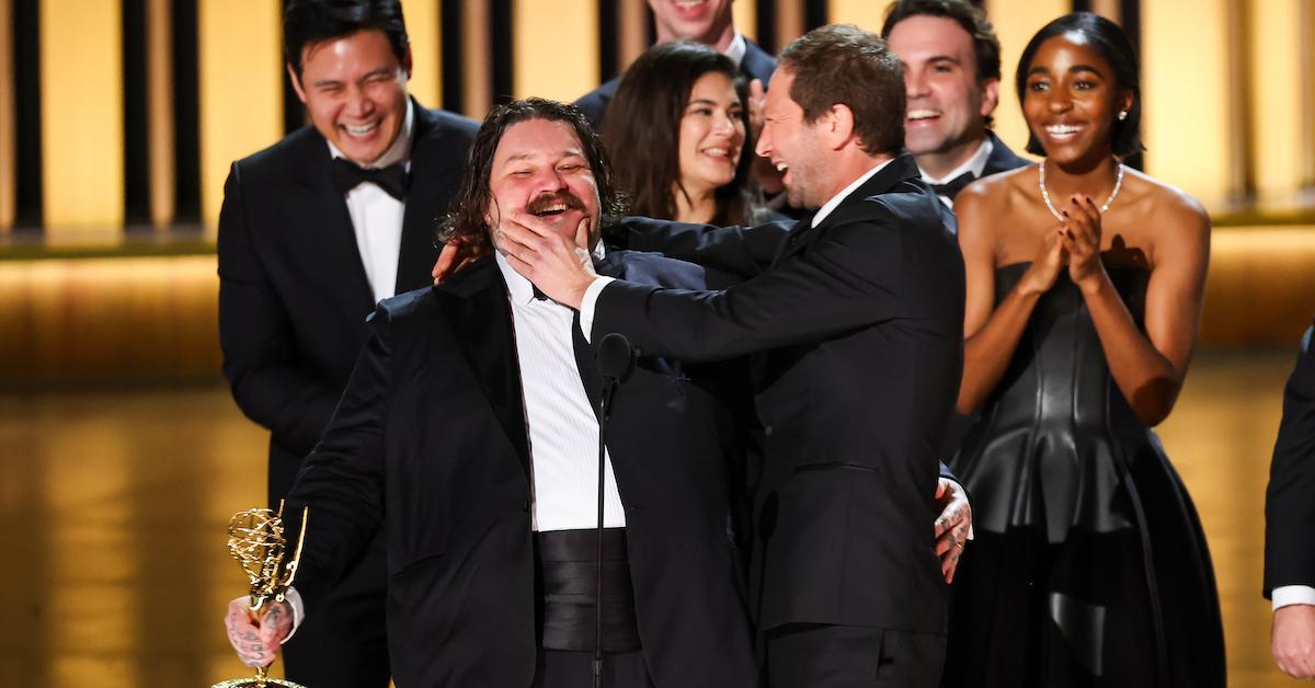 Matty Matheson and Ebon Moss-Bachrach accept the Outstanding Comedy Series award for 'The Bear' during the 75th Primetime Emmy Awards on Jan. 15, 2024 