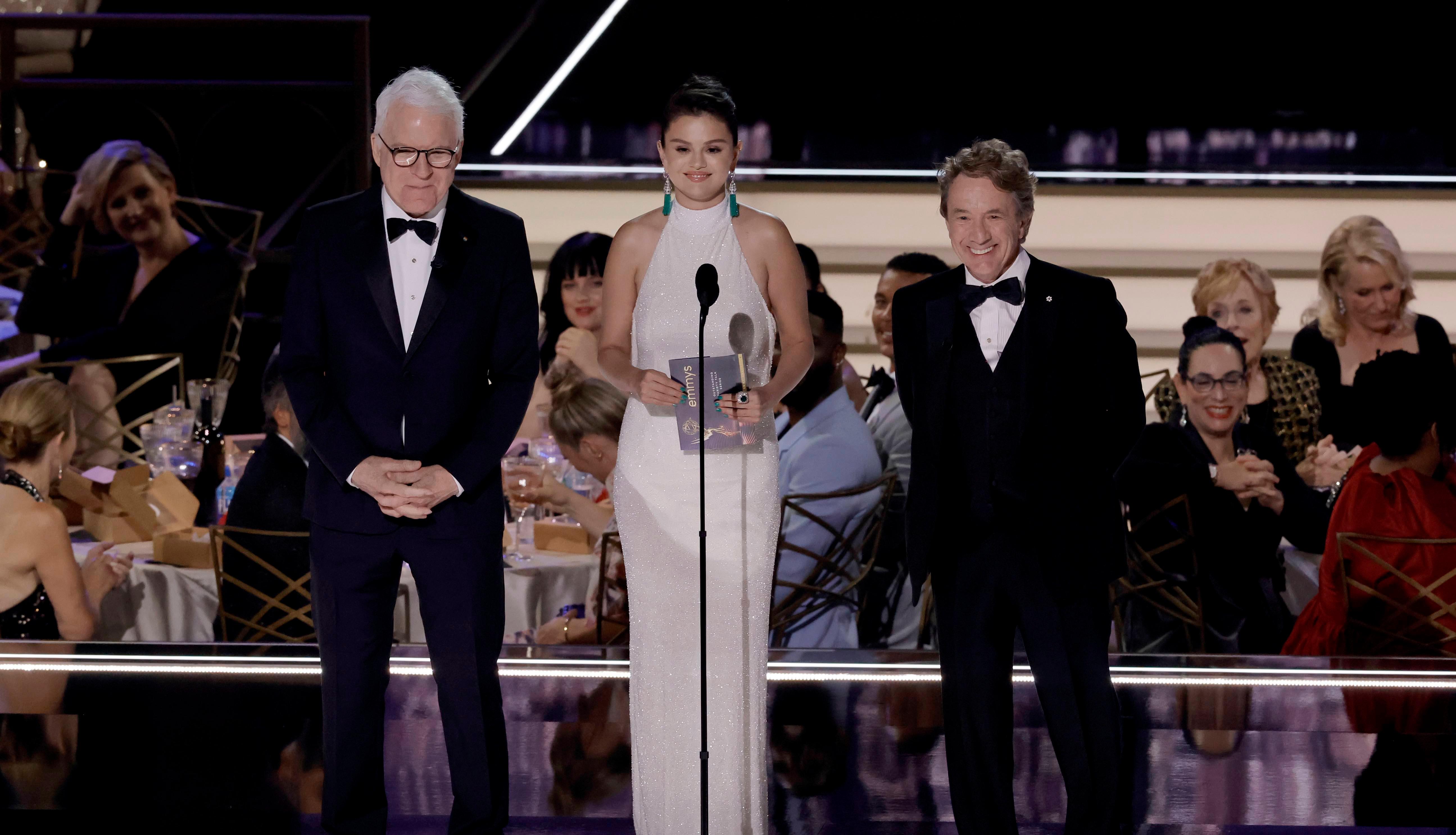 Steve Martin, Selena Gomez, and Martin Short presenting at the 74th Primetime Emmy Awards.