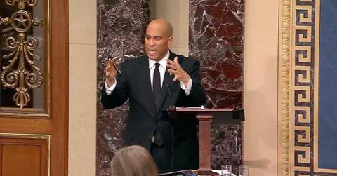 Cory Booker speaking during his filibuster.