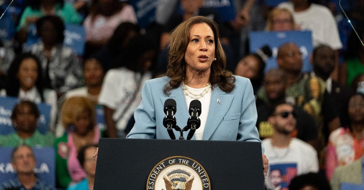 : Democratic presidential candidate, U.S. Vice President Kamala Harris speaks at a campaign rally at the Georgia State Convocation Center on July 30, 2024 in Atlanta, Georgia. Both Harris and Republican presidential nominee, former President Donald Trump plan to campaign in Atlanta this week. (Photo by Megan Varner/Getty Images)