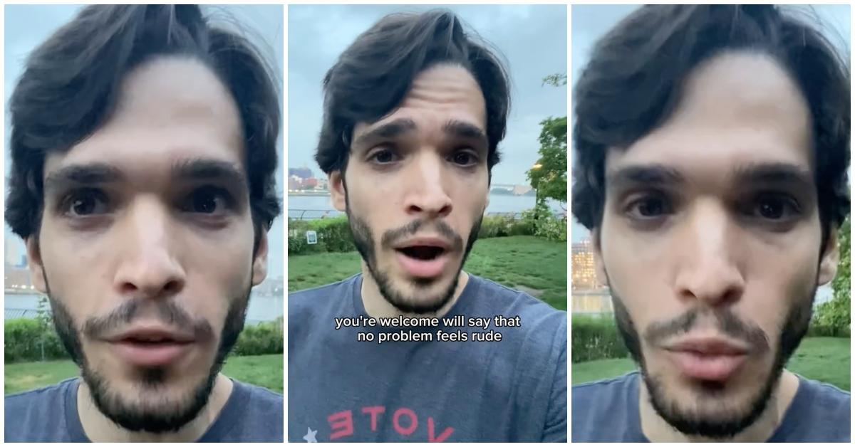 Man explains why you're welcome and no problem aren't rude while he's outside wearing a t-shirt.