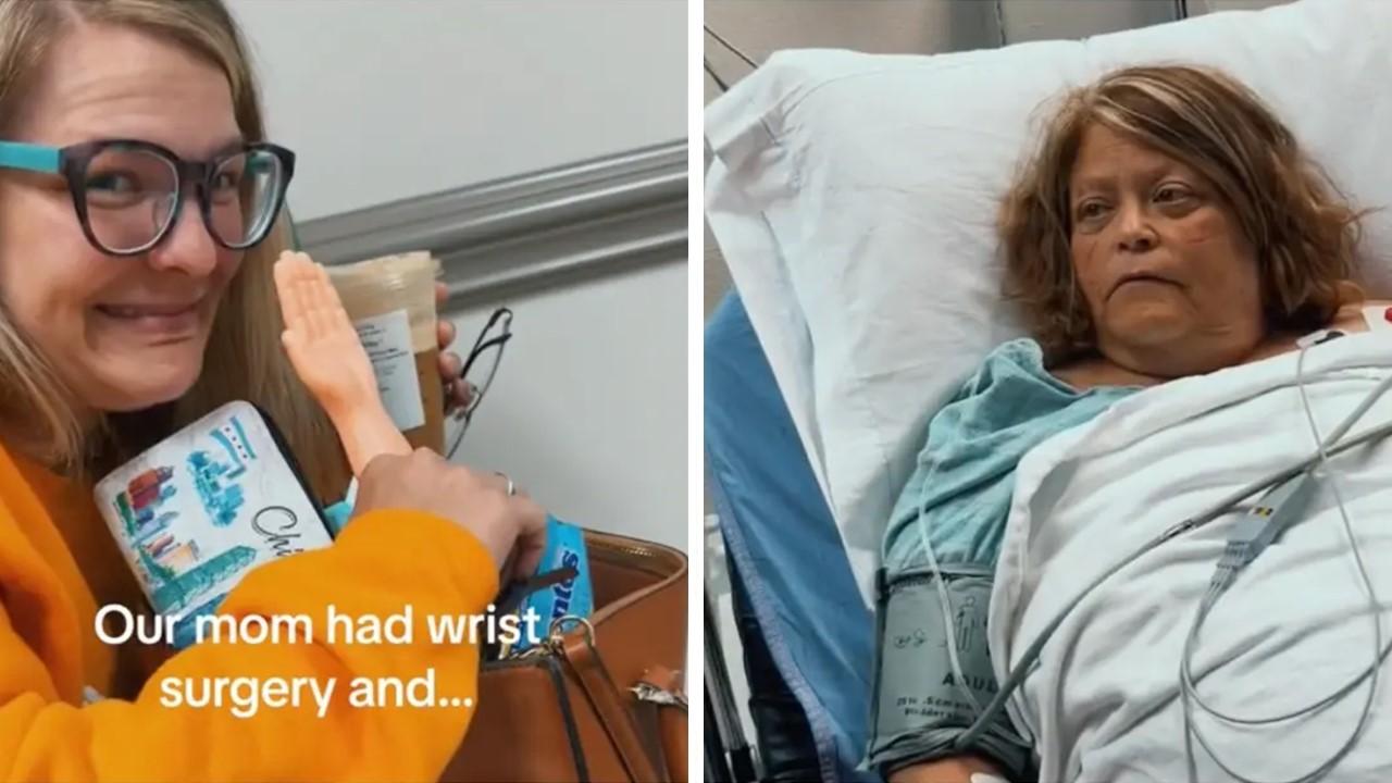 A woman pranked her mom with a little hand after surgery