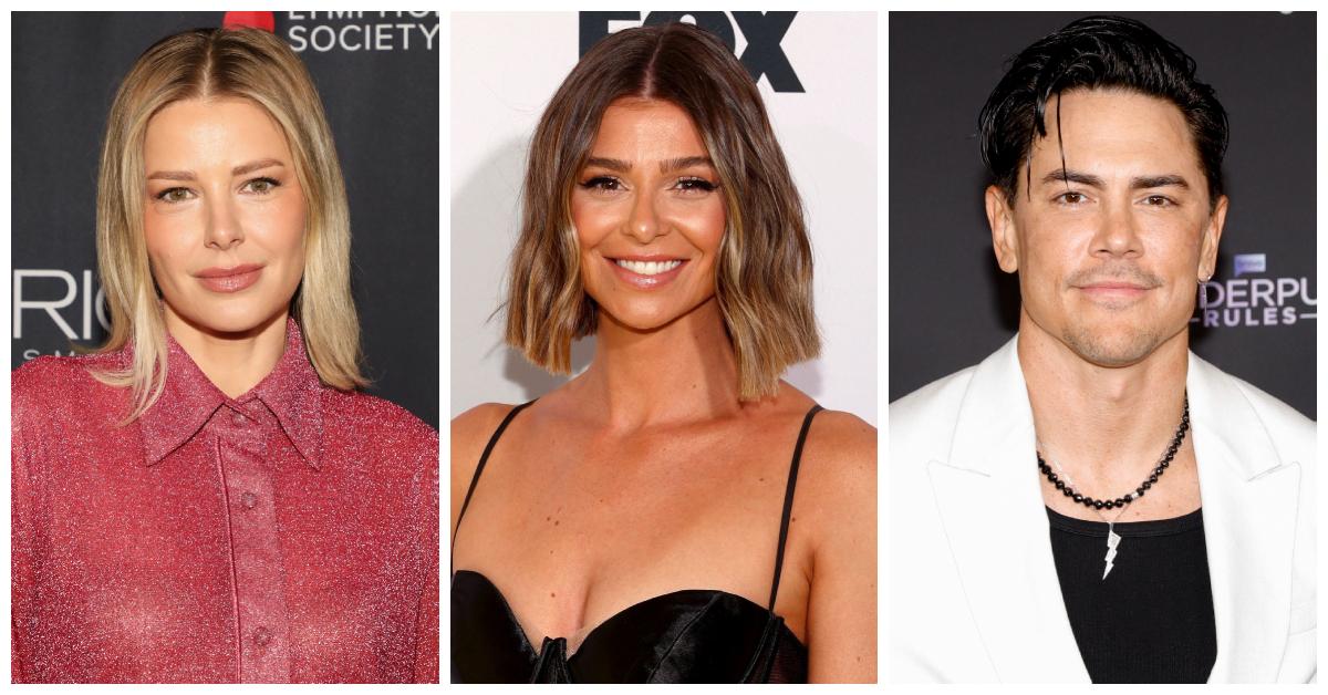 (L-R) Ariana Madix wears a sparkly red blouse, Rachel "Raquel" Leviss dons a black gown, and Tom Sandoval sports a white blazer and black tank top.