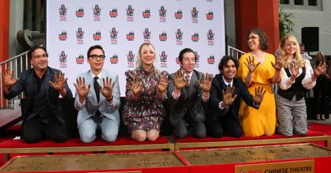 Actors Johnny Galecki, Jim Parsons, Kaley Cuoco, Simon Helberg, Kunal Nayyar, Mayim Bialik and Melissa Rauch attend the handprint in cement ceremony