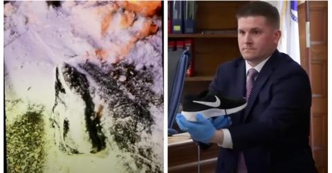 (L-R): John O'Keefe's shoe at the crime scene; Yuriy Bukhenik holding up a shoe at Karen Read retrial