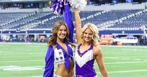 Caroline and Anna Sundvold pose in their cheer uniforms on the field