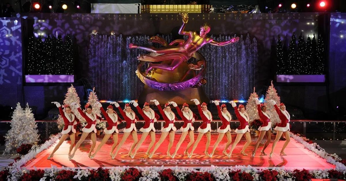 The Rockettes performing in Christmas-themed attire.