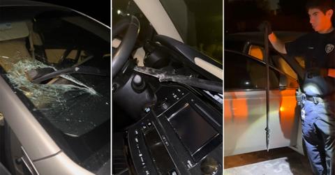 A spear was thrown at a woman in a car