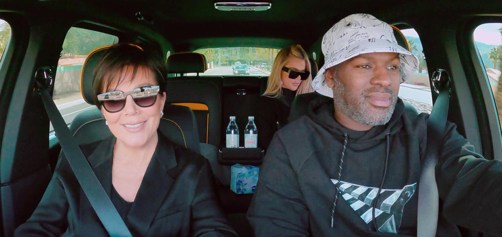 Kris Jenner, Khloe Kardashian, and Cory Gamble in a vehicle in Hulu's 'The Kardashians'