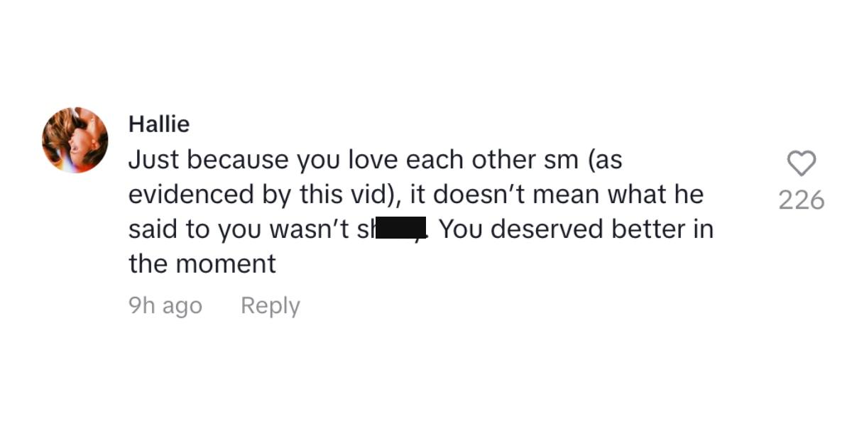 A commenter saying that the body shaming was bad whether or not the couple love each other