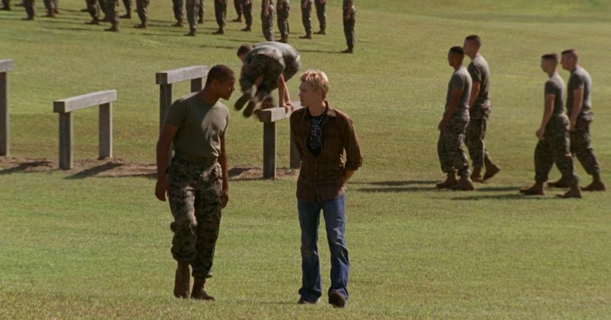 Derek and Lucas on an army base on One Tree Hill.
