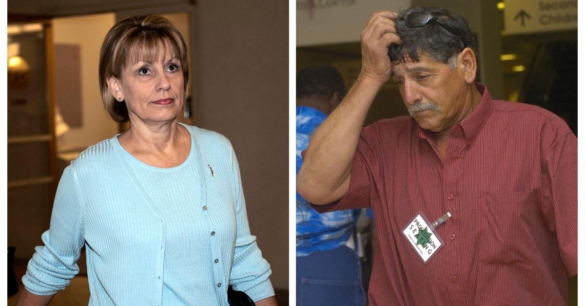 Laci Peterson's parents pictured separately in 2004 amid the Scott Peterson murder trial, at the San Mateo County Courthouse