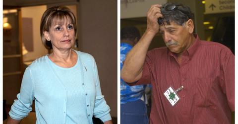 Laci Peterson's parents pictured separately in 2004 amid the Scott Peterson murder trial, at the San Mateo County Courthouse