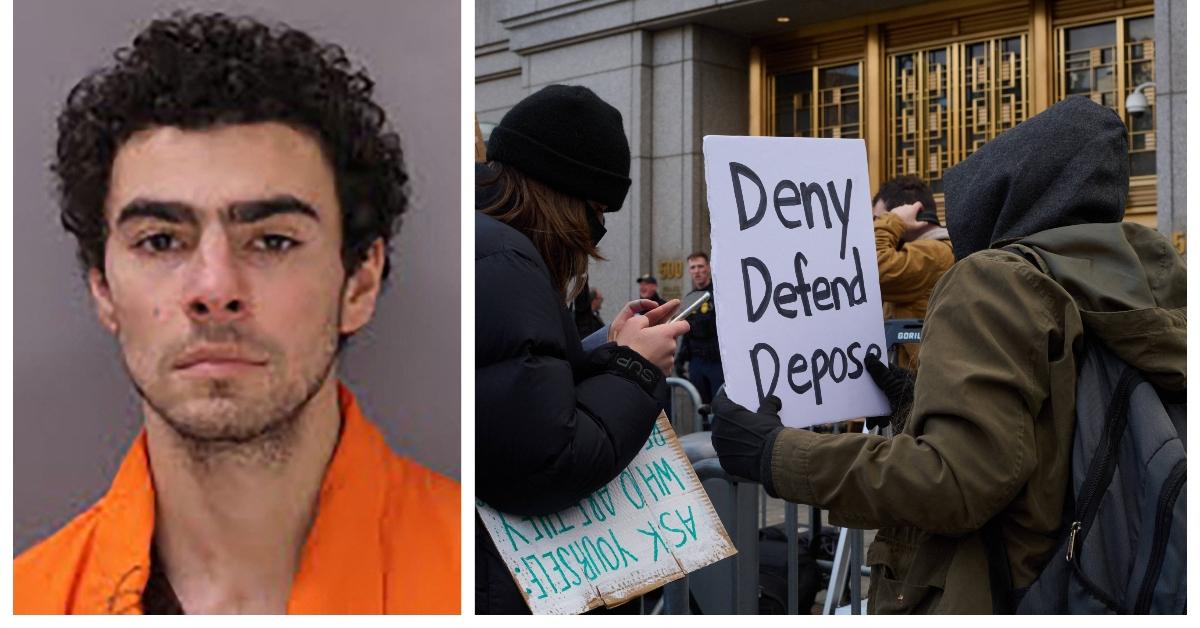 (L-R): Luigi Mangione mug shot; supporters outside Luigi Mangione arraignment