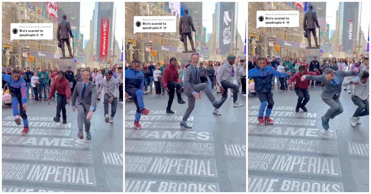 Weatherman Nick Kosir dances with guys in the middle of the sidewalk with a crowd watching.