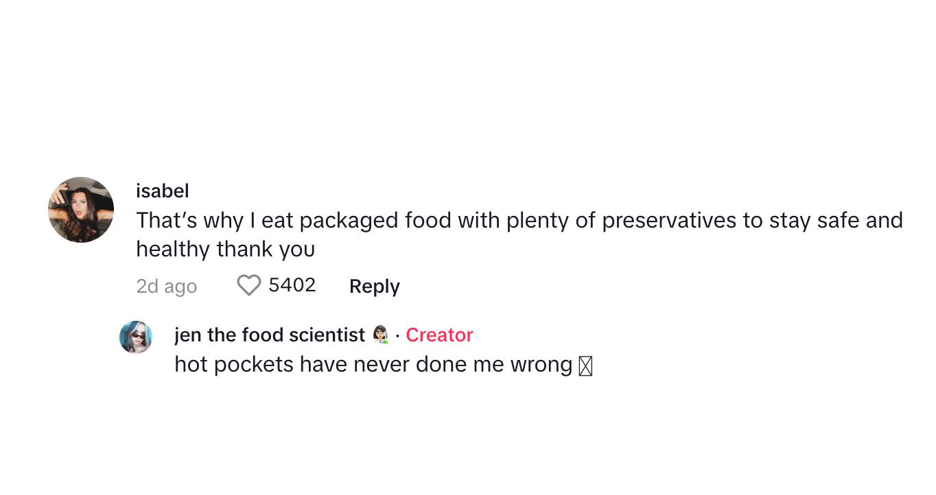 A commenter saying that packaged food with preservatives are safer