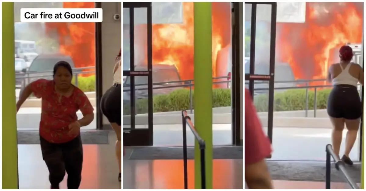 car fire at goodwill, tiktok family's cooler survives the car fire