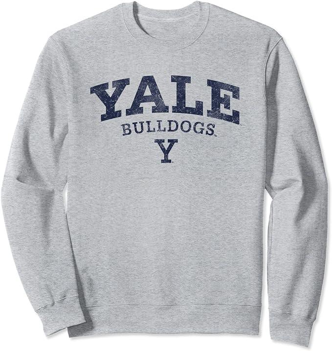 a grey sweatshirt that says "yale bulldogs" in blue print