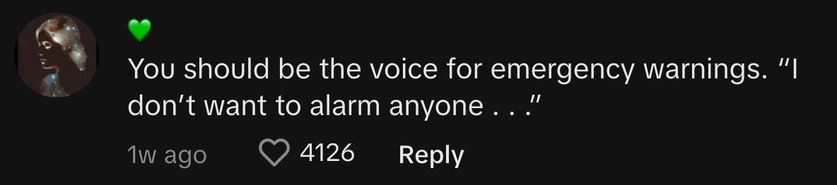 TikTok comment about skylight window glass shattering in guy's house; TikToker @usernamememyselfi commented, "You should be the voice for emergency warnings: 'I don’t want to alarm anyone...'"