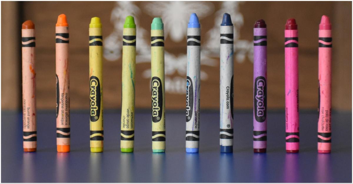 An assortment of Crayola crayons standing up