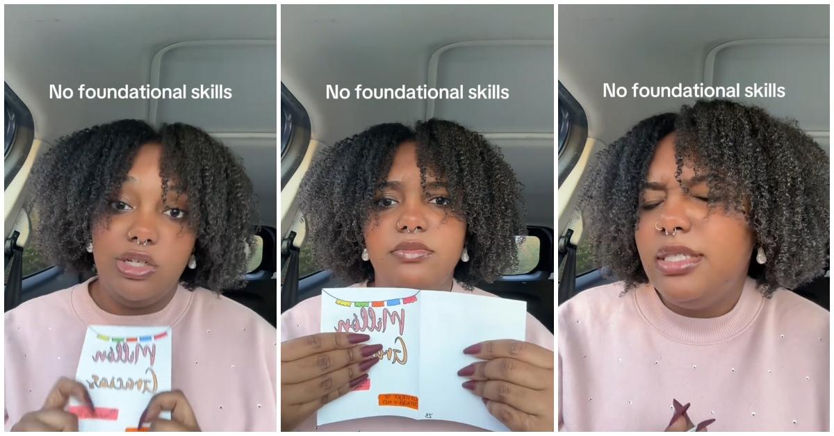 (l-r): A teacher holding a card in her car