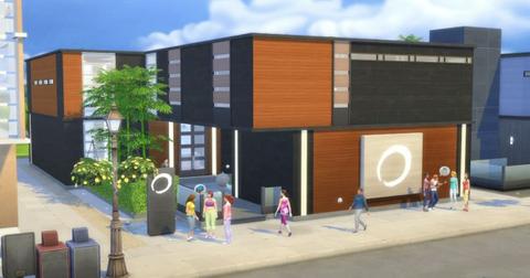 A spa from The Sims 4 Spa Day Game Pack with several people gathering outside.