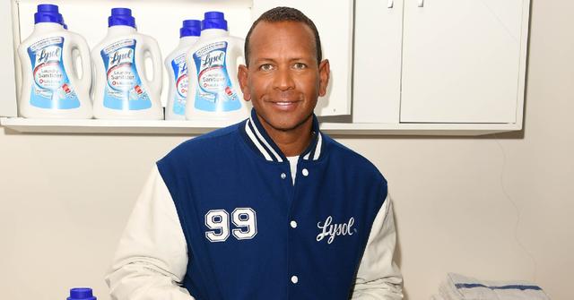 Alex Rodriguez poses in a Lysol bomber jacket for his Lysol Laundry Sanitizer campaign.