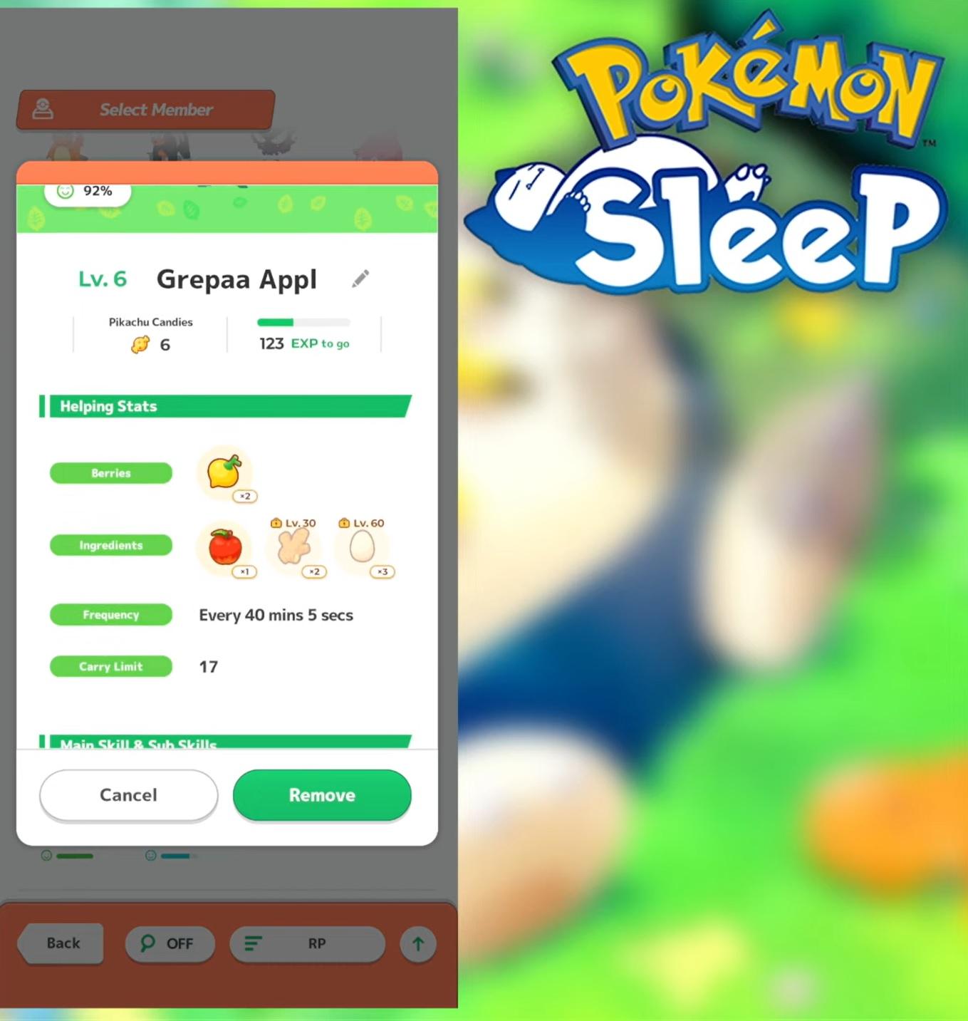 A menu showing ingredients that are beginning gathered by a Pokémon in Pokémon Sleep.