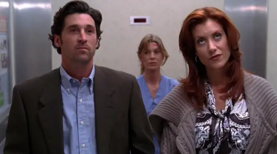 Derek, Addison, and Meredith in an elevator together on 'Grey's Anatomy'.