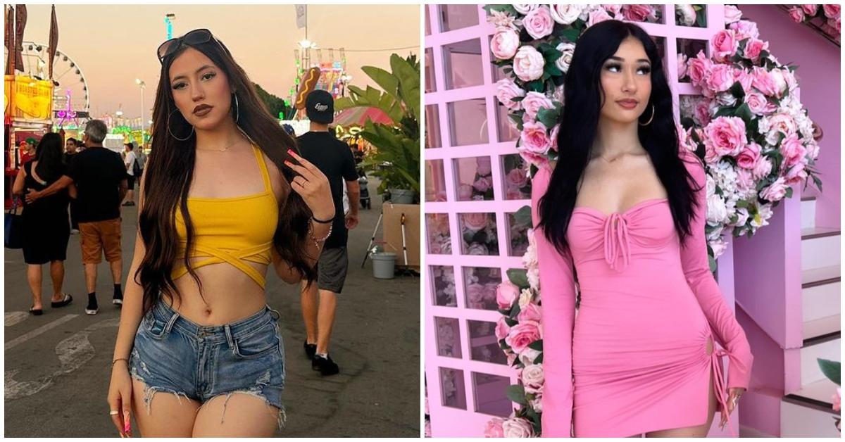 Meche poses in yellow tank top and jean shorts at carnival; Tessa poses in a pink dress in front of pink flowers.