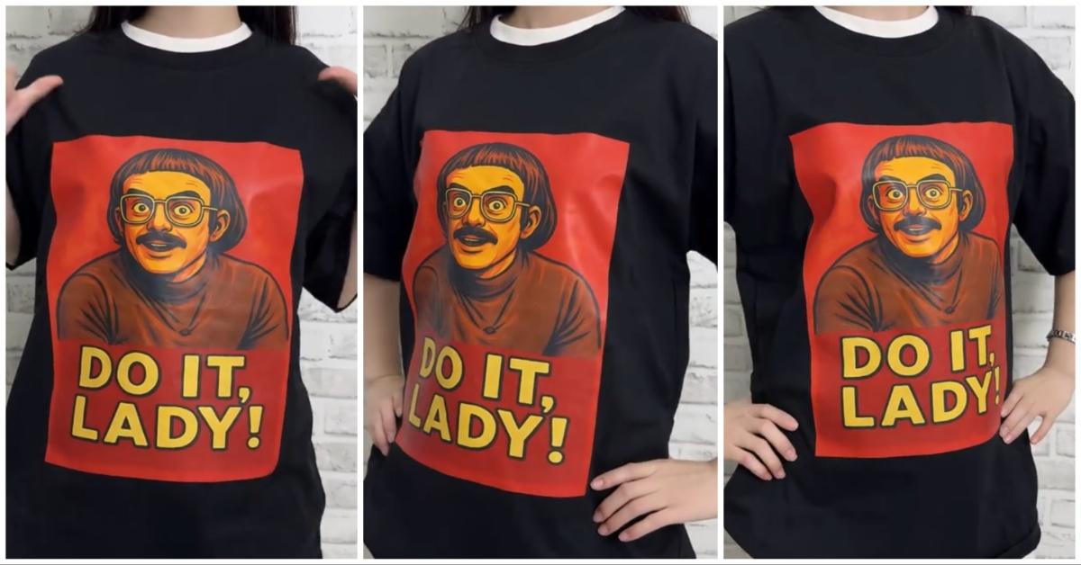 A woman wears a "Do it Lady!" meme T-shirt on TikTok.