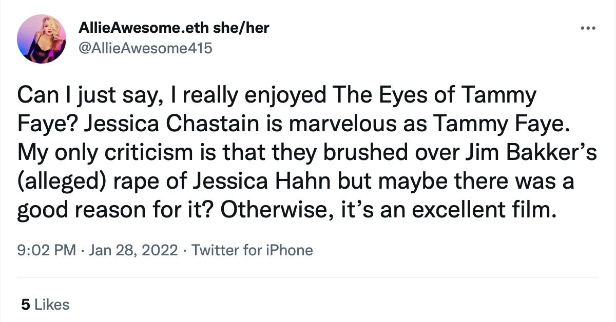 A tweet about Jim Bakker, Jessica Hahn, and 'The Eyes of Tammy Faye'