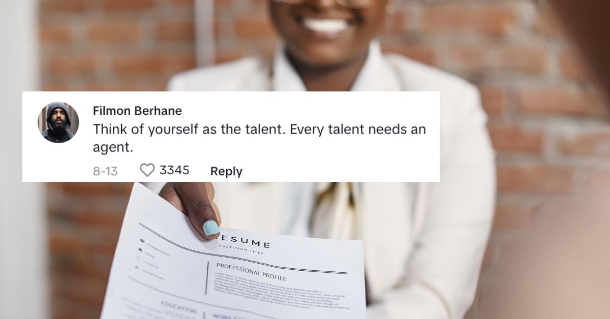 Black woman wears a white suit and light blue nails and smiles as she hands her resume over to boss; TikTok comment that says every talent needs an agent.