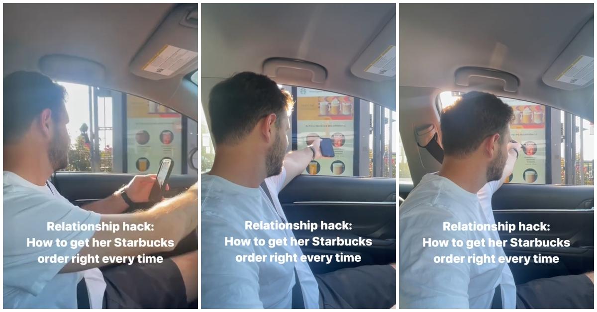 (l-r): Man talking on the phone while his partner shares her Starbucks order