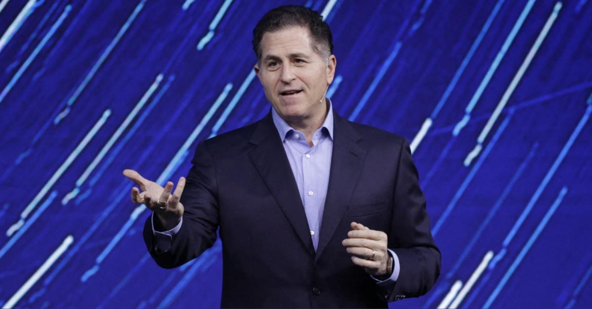 Michael Dell speaks in front of an audience. 