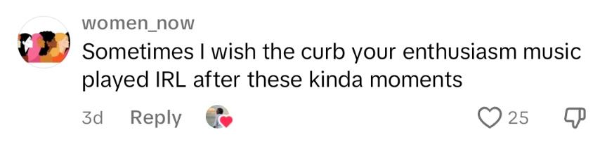 Comment on TikTok about using Curb Your Enthusiasm music for real life moments