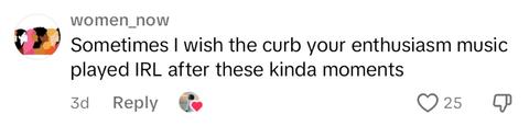 Comment on TikTok about using Curb Your Enthusiasm music for real life moments