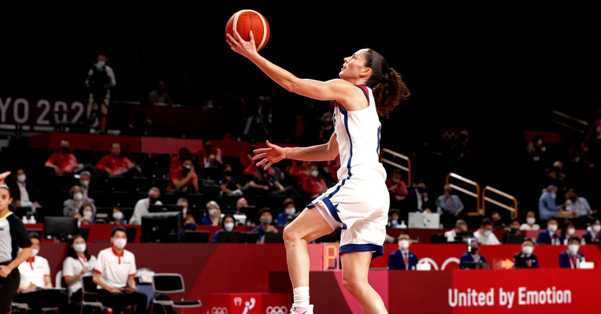 Sue Bird drives to the basket against Team Japan in the 2020 Tokyo Olympic games on Aug. 8, 2021, in Japan.