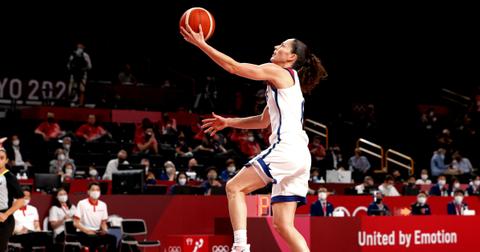 Sue Bird drives to the basket against Team Japan in the 2020 Tokyo Olympic games on Aug. 8, 2021, in Japan.