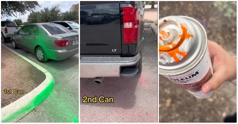 A car and truck that got damaged by spray paint cans and a can that's still intact
