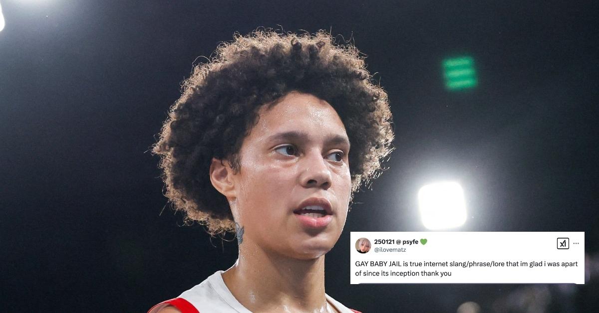 (l-r): Brittney Griner and an X post about "Gay Baby Jail"