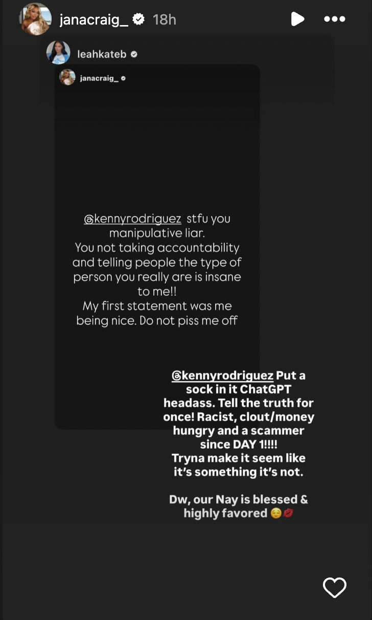 Leah Kateb's IG story about Kenny Rodriguez.