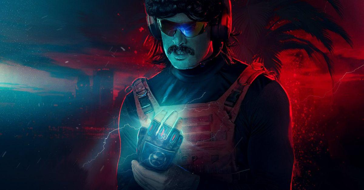 A stylized picture of Dr Disrespect with a glowing blue hand on a red background.